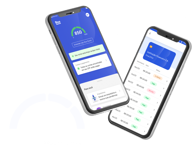 Dois smartphones, um exibindo a tela de score e o outro a tela de constas do aplicativo Consumidor Positivo