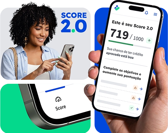Mulher sorri enquanto segura um celular. Ao lado, um celular em uma mão exibe o aplicativo da Consumidor Positivo mostrando o Score 2.0, com detalhes da pontuação e objetivos para aumentar a pontuação. O fundo é claro com elementos em azul e verde