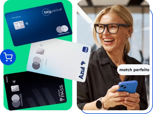 Colagem com a primeira imagem de tres cartoes de credito empilhados e a segunda de uma mulher sorrindo segurando um celular