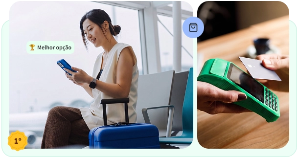 Colagem com a primeira imagem de tres cartoes de credito empilhados e a segunda de uma mulher sorrindo segurando um celular