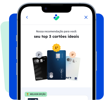 Imagem de um celular cuja tela mostra um ranking de três cartões de crédito